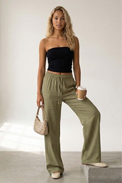 Madmext Πράσινο φαρδύ γυναικείο παντελόνι Muslin MG1980