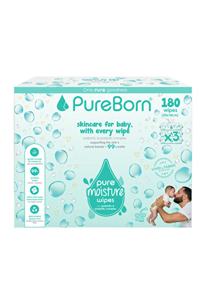 PUREBORN مناديل Pure Moisture Water مع مركب البريبايوتيك والبروبيوتيك - 180 م...
