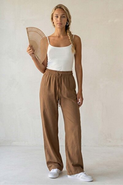 Madmext Γυναικείο παντελόνι Camel Wide Leg Muslin MG1980