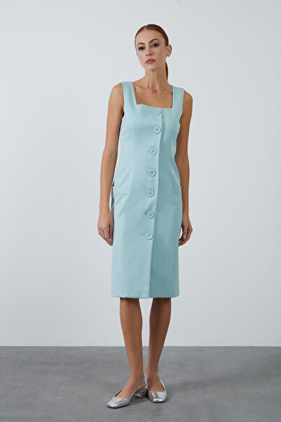 Color Square Collar Detailed Midi Size Pen Dress