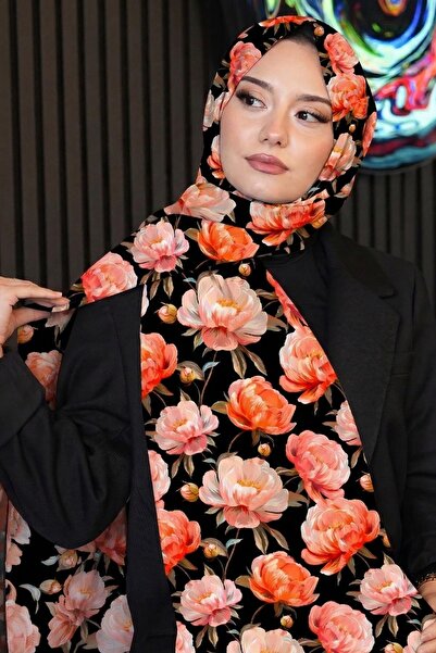 AFVENTE Πορτοκαλί απαλό σάλι με σχέδιο παιώνιας Βαμβάκι