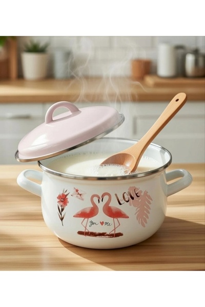 EBRULİEMAYE Flamingo Enamel Deep Pot Small Size 2 Liters 18 cm Diameter Milk ...