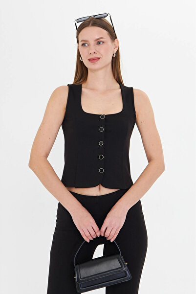 Akabi Online Kadın Siyah Çelik Interlok Kare Yaka Düğmeli Crop Yelek Şık Fit ...