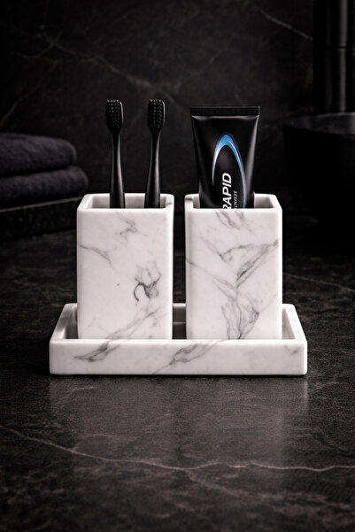 Beton Diş Fırçalık Kalemlik Makyaj Fırçası Organizer Seti 3'lü |Mutfak Banyo Dekoratif Düzenleyici