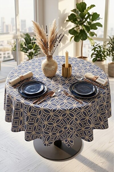 Rona Home Κορυφαίας ποιότητας μπλε λευκό στρογγυλό τραπεζομάντιλο με γεωμετρι...