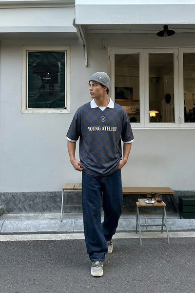 VAMOSCLO Oversize Polo Yaka Forma Tişört KAHVE/İNDİGO