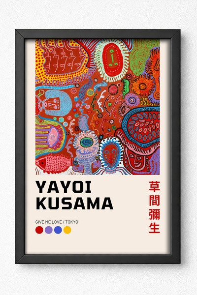 KALİA HOME Siyah Ahşap Çerçeveli Tablo, Modern Çerçeveli Poster, Yayoi Kusama