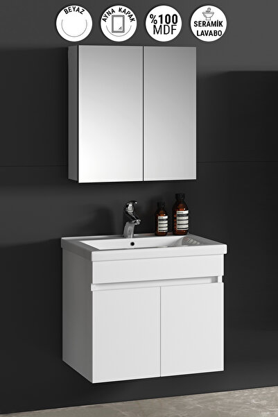 ÖZCEDEN Çiğdem 55 cm Beyaz MDF Seramik Lavabolu Asma Banyo Dolabı Takımı