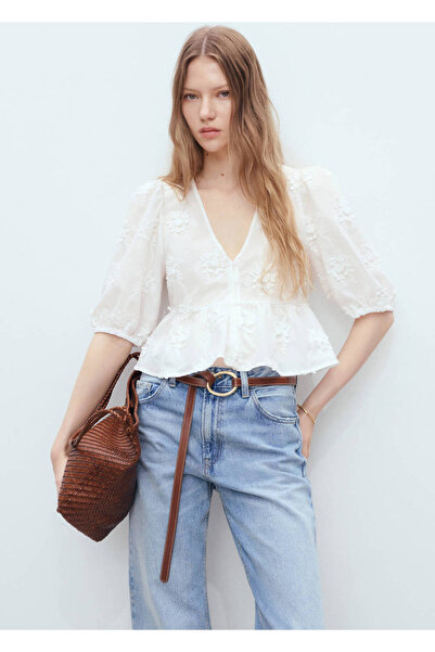 MANGO Woman Çiçek işlemeli pamuklu bluz