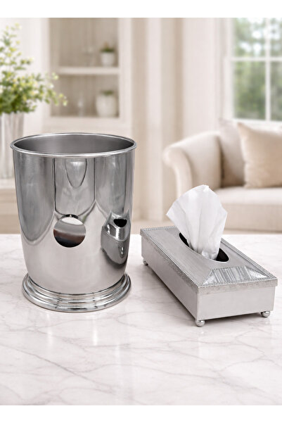 ALQANNAS Silver Trash Bin and Tissue Box Set | High-Quality Elegant Bin & Tis...