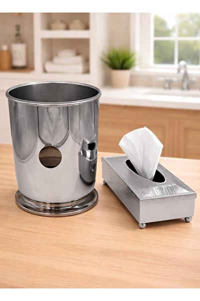 ALQANNAS Silver Trash Bin and Tissue Box Set | High-Quality Elegant Bin & Tis...