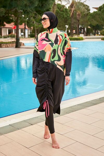 Marina Black Hijab Swimsuit - Parachute Fabric, Full Covered M2423
