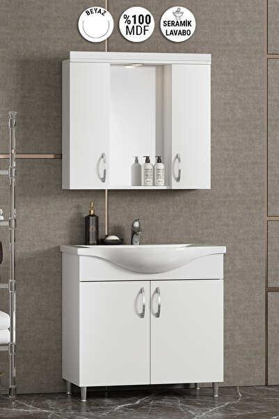 Özce Banyo Yıldız 80 cm Beyaz MDF Seramik Lavabolu Ayaklı Banyo Dolabı Takımı