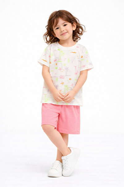 Girl 100% Cotton White Pattern T-Shirt and Pink Shorts Bottom Top Set