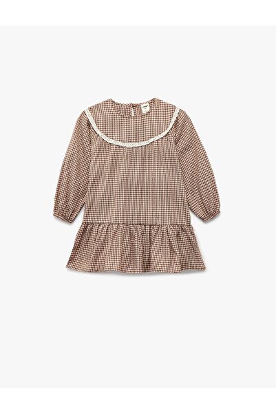 Koton فستان بناتي بني مطوي ومربعات 6WMG80021AW