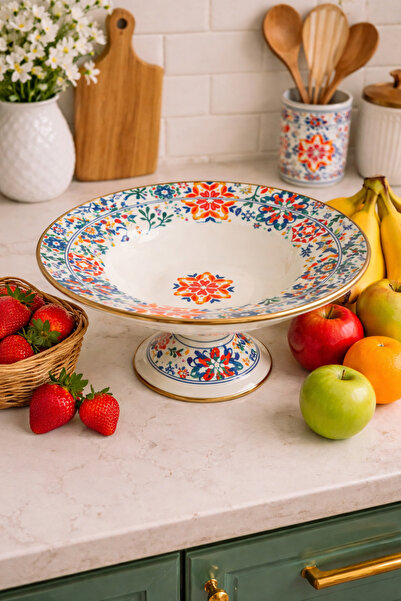 EBRULİEMAYE MAVİ TURUNCU DERİN AYAKLI MEYVELİK SALATA TABAĞI KASESİ