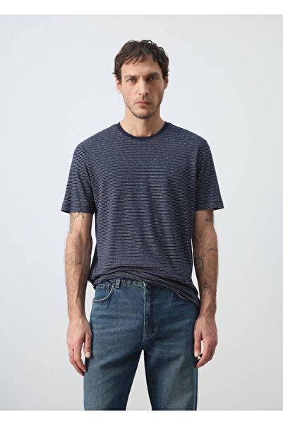 MANGO Man Slim fit çizgili keten tişört