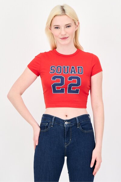 Don't Call Me Jennyfer Women Crew Neck Short Sleeve Graphic Print Top, Red