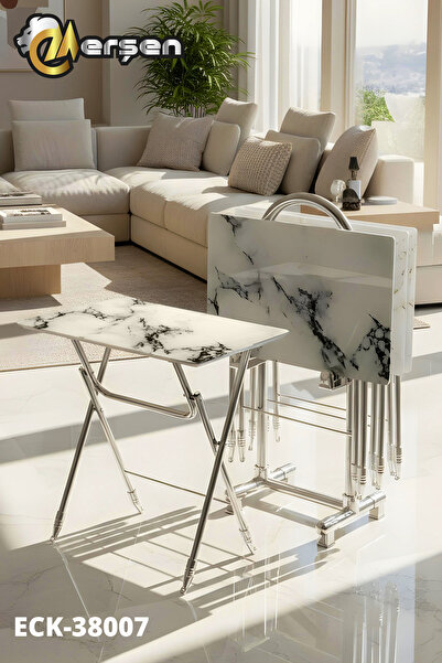 Erşen Eranş Serisi 4'lü Katlanır TEMPERLİ CAM Beyaz Mermer Desen Siyah Detay ...