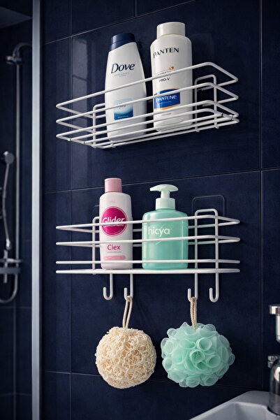 TncPatiShop Yapışkanlı 4 Adet Kancalı Banyo Mutfak Rafı 2 Adet Banyo Duş Duva...