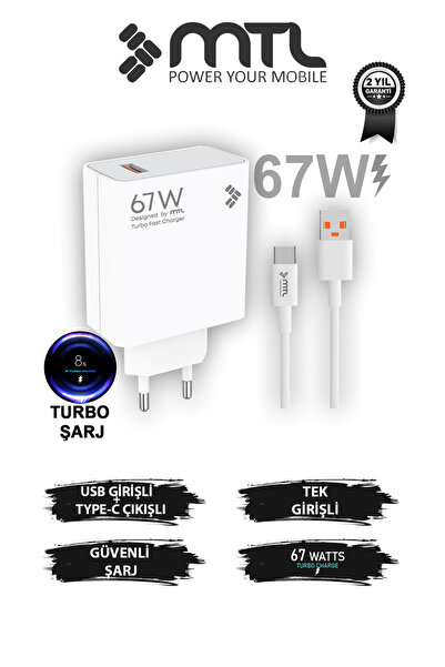 MTL 67W Turbo Şarj Saniyeli USB Adaptör + USB Type-C Kablo Hızlı Şarj Seti MT...