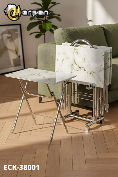 Erşen Eranş Serisi 4'lü Katlanır TEMPERLİ CAM Beyaz Mermer Desen Gold Detay Ç...