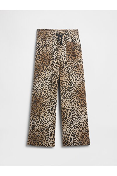 GAP Kız Çocuk Kahverengi High Rise Baskılı Pull-On Wide Leg Jean Pantolon