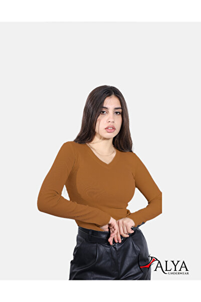ALYA UNDERWEAR Σώμα καμιζόλας με ριμπ λαιμόκοψη - ελαστική καφέ μπλούζα