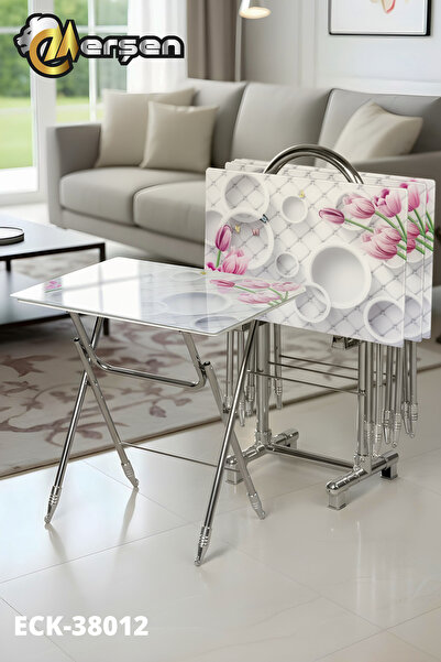 Erşen Eranş Serisi 4'lü Katlanır TEMPERLİ CAM Beyaz Daire ve Çieçk Desen Çant...