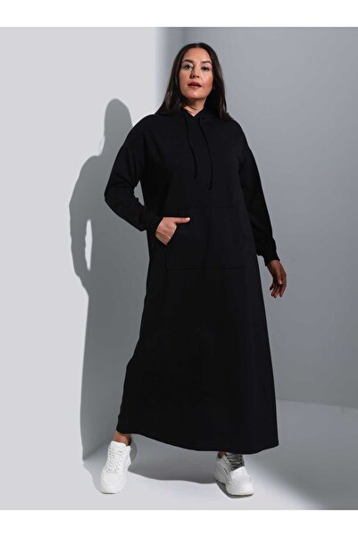ALİA Βαμβακερό αθλητικό φόρεμα με κουκούλα σε μεγάλο μέγεθος - Μαύρο - Alia
