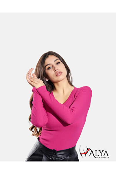 ALYA UNDERWEAR Φούξια Melange V-Neck Camisole Body - Κοτλέ και Lycra