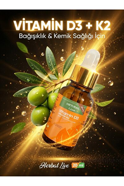 HerbalLive D3 + K2 Içeren Takviye Edici Vitamin 20 Ml Damlalıklı Cam Şişe