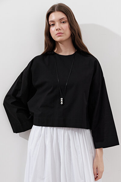 Manuka ΒΑΜΒΑΚΙ CROP ΜΑΚΡΥΜΑΝΙΚΗ ΜΠΛΟΥΖΑ ΜΑΥΡΗ