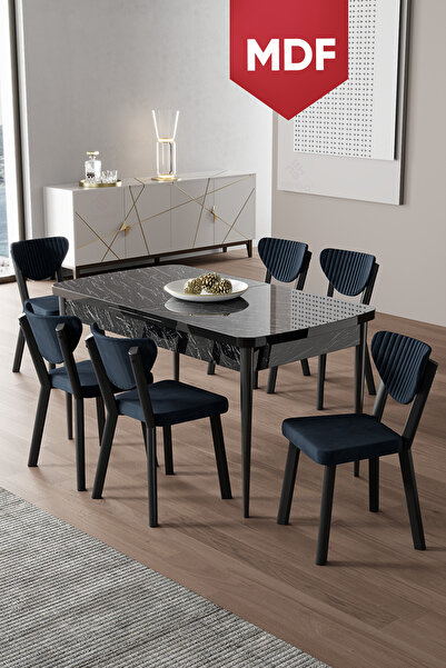 Canisa Exve Serisi 80x132 MDF Açılabilir Siyah Mermer Desen Masa Takımı ve 6 ...