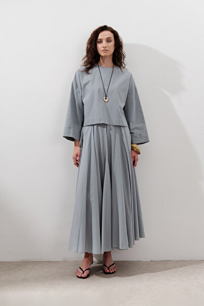 Manuka ΒΑΜΒΑΚΙ CROP ΜΑΚΡΥΜΑΝΙΚΗ ΜΠΛΟΥΖΑ ΠΟΥΔΡΑ ΜΠΛΕ