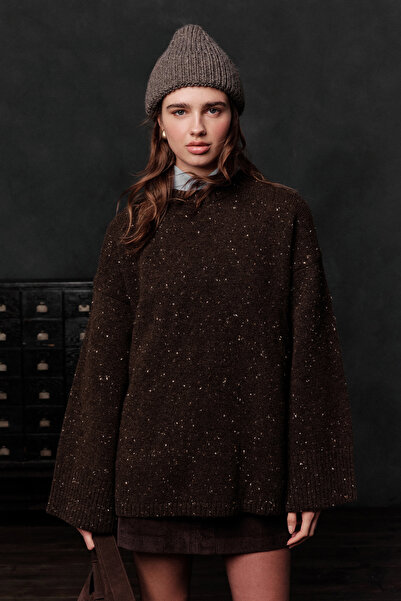 Manuka Καφέ Πλεκτό Πουλόβερ με Φαρδύ Μανίκι