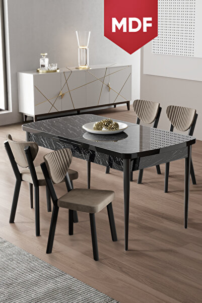 Canisa Exve Serisi 80x132 MDF Açılabilir Siyah Mermer Desen Masa Takımı ve 4 ...