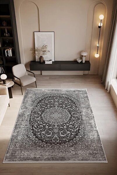 Karmen Halı Look Black LB008G Siyah Gri Çerçeveli Klasik Desen Akrilik Yumuşa...