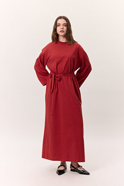 Manuka Κόκκινο μακρύ casual μανίκι μπαλόνι μακρύ φόρεμα