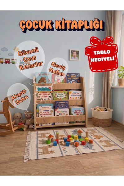 varje IKAE Montessori Ahşap Çocuk Kitaplığı Çocuk Tablosu Hediyeli