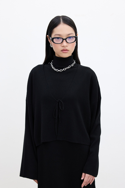 Manuka Μαύρη πλεκτή ζακέτα - Σχέδιο με κορδόνια