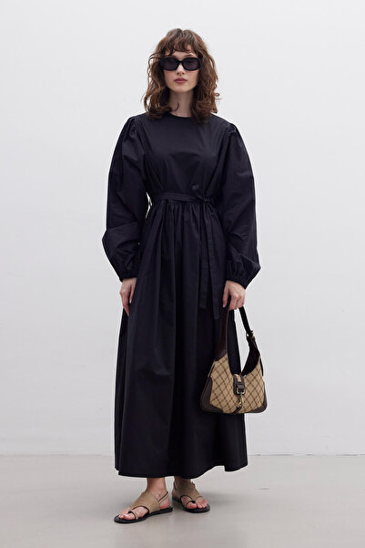 Manuka Μαύρο Premium Ποπλίνα Gathered Φόρεμα