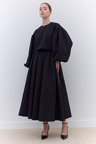 Manuka Czarna spódnica żakardowa - perłowa z detalami