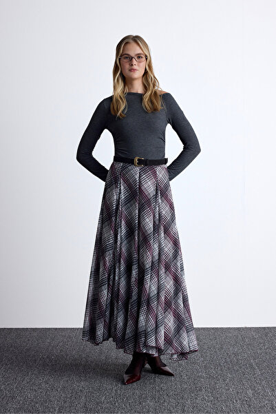 Manuka Burgundy Wide Skirt - Flounced Plaid Design