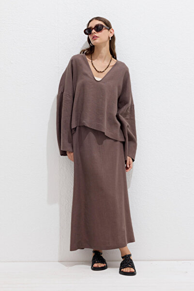 Manuka Λινό φούστα σε σκόνη καφέ - με κορδόνια