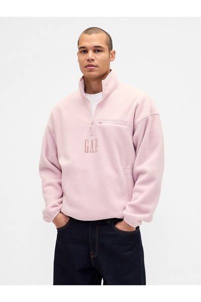 GAP Erkek Açık Pembe Sherpa Oversized Yarım Fermuarlı Logo Sweatshirt