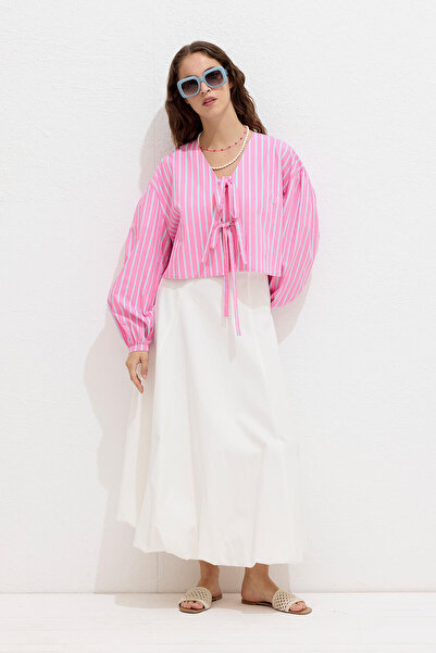 Manuka Pink Striped and Lace up Blouse