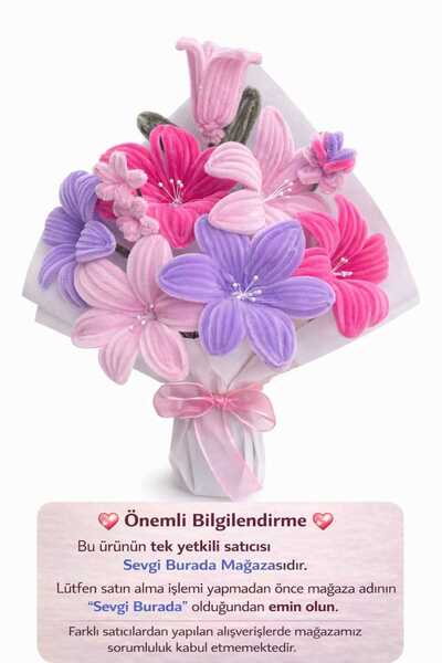 Sevgi burada El Yapımı Şönil Çiçek Buketi – Dekoratif Mor & Pudra Tonları