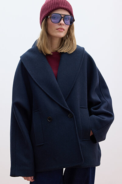 Manuka Navy Blue Italian Stamp Double Breasted Coat