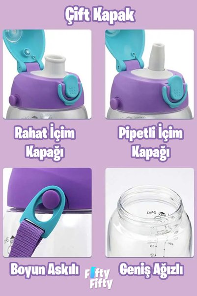 Uzspace 700 Ml Büyük Boy Kılıflı 2 Ayrı Kapaklı Pipetli / pipetsiz Tritan Su Matarası